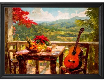 Puerto Rico Christmas Balcony Art Print: Tropical Poinsettia Giclée