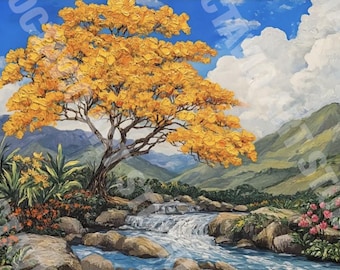 Puerto Rico Landscape Art Print: Golden Flamboyant Tree