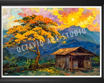 Country house with Yellow Flamboyant Tree in Bloom, High Res Wall Art Print Painting, Landscape, Puerto Rico (Not Framed)