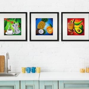 Puerto Rico Print Kitchen Trio colorful Art Wall Fruits Vegetables Coffee Wall Art Giclee Puerto Rico Cocina Three Tryptic (NOT FRAMED)