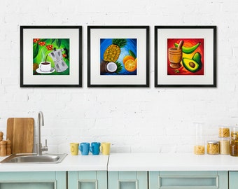 Puerto Rico Print Kitchen Trio colorful Art Wall Fruits Vegetables Coffee Wall Art Giclee Puerto Rico Cocina Three Tryptic (NOT FRAMED)