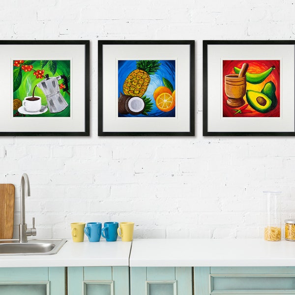 Puerto Rico Print Kitchen Trio colorful Art Wall Fruits Vegetables Coffee Wall Art Giclee Puerto Rico Cocina Three Tryptic (NOT FRAMED)