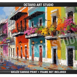 May include: Colorful oil painting of a street scene with vibrant buildings. The buildings are painted in shades of orange, teal, yellow, and green, with balconies overflowing with flowers. The artwork is framed in black and labeled "OCTAVIO ART STUDIO".