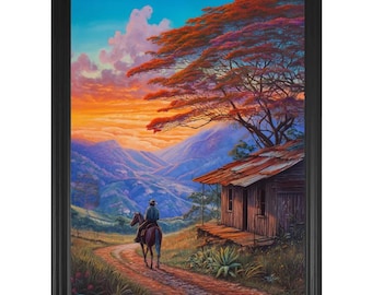 Puerto Rico Art Print: Horseback Riding, Sunset Mountains, Flamboyant Tree (Giclée, Not Framed)