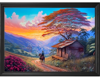 Puerto Rico Art Print: Horseback Riding, Sunset Mountain Landscape (Giclee)