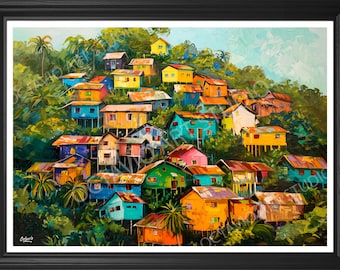 以下が含まれることがあります： 丘の斜面に建つ村を描いたカラフルな絵画。家は黄色、青、緑、ピンク、オレンジなど、明るい色で塗られています。家は緑豊かな木々と葉に囲まれています。