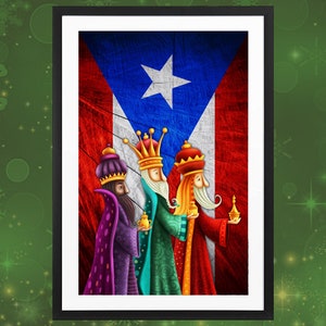 Reyes Magos and Puerto Rico Flag Giclée Print: Three Kings, Vertical, Original Wall Art, Navidad, Christmas (Not Framed)
