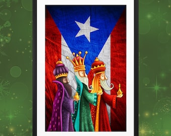 Reyes Magos and Puerto Rico Flag Print: Three Kings, Vertical, Original Wall Art, Navidad, Christmas (Not Framed)