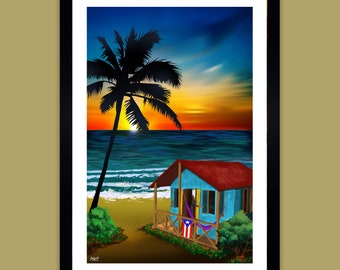 Puerto rico giclee beach house print sunset wall decor puerto rico art palm tree ocean tropical island caribbean casa de playa