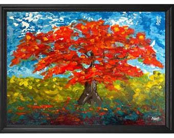 Red Flamboyán Abstract, Giclee Print Wall Art Print Painting Landscape Puerto Rico (Not Framed)