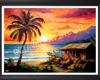 Sunset Beach house with PalmTree, High Res Wall Art Print Painting, Landscape, Puerto Rico, Casita de Playa con Atardecer  (Not Framed)