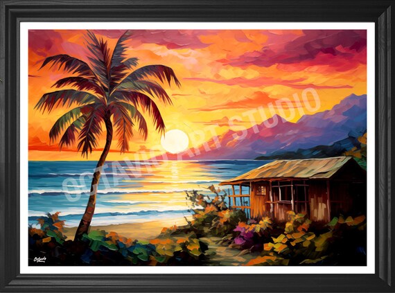 Puerto Rico Sunset Beach House Art Print: Palm Tree Seascape