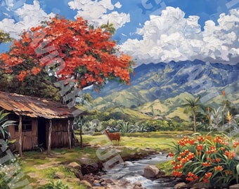 Puerto Rico Landscape Art: Flamboyant Tree Giclée Print on Canvas (NOT FRAMED)