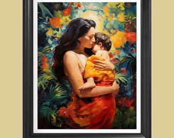 Embrace of my mother #2, Abrazo de mi madre, High Res Wall Art Print Painting, Tropical Flowers, baby, bebe  (Not Framed)