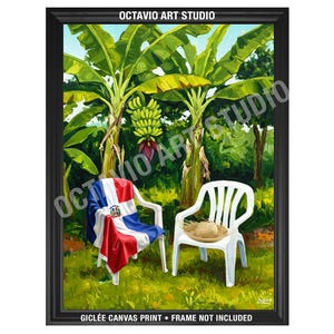 May include: An oil painting of a tropical scene with two white plastic chairs on a grassy area. One chair has a Dominican Republic flag draped over it. A straw hat rests on the other chair. Banana trees are in the background.
