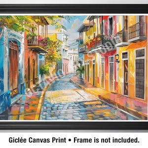May include: A colorful painting of a narrow street in a city with brightly colored buildings, balconies, and doors. The street is cobblestone and there are trees and plants on either side.