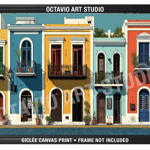 May include: A framed art print featuring a row of colorful buildings. The buildings are painted in vibrant hues of yellow, blue, turquoise, and red. Each building has arched doorways, balconies, and detailed windows. The text "OCTAVIO ART STUDIO" is at the top.