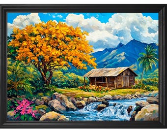 Puerto Rico Landscape Print: Yellow Flamboyant Tree, Country House (Giclee)