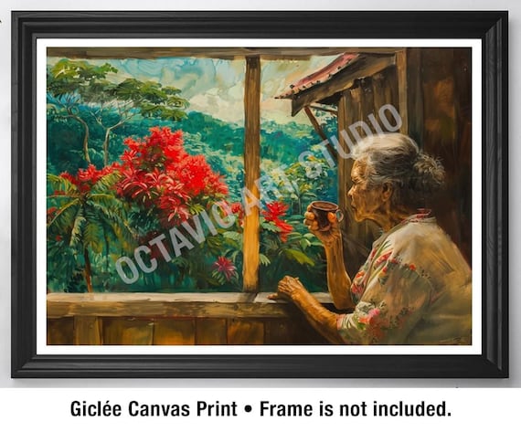 Puerto Rico Art Print: Abuelita Drinking Coffee, Country Window Giclée