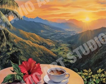 Puerto Rico Sunrise Giclée Print: Coffee & Mountain Landscape Art