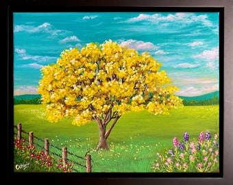 Yellow Savannah Oak Tree in Bloom (Roble Amarillo Florecido), Original, Acrylic 11"x14" Canvas with Black Frame, Puerto Rico