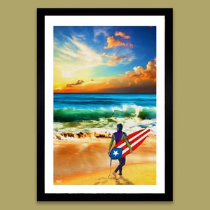 May include: A surfer walks along a sandy beach with a surfboard painted with the Puerto Rican flag. The ocean is in the background with a colorful sunset sky.