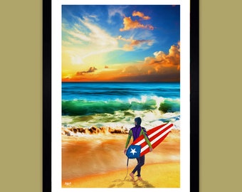 Puerto Rico Surfer Beach giclee Print ocean sand sunset wall art Tablista en la Playa arena decor vertical