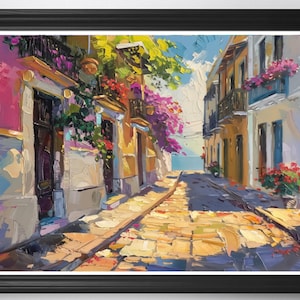 May include: Oil painting of a sunlit European street scene. Buildings with balconies and colorful flowers line the cobblestone street. The artwork is framed in a black wooden frame.