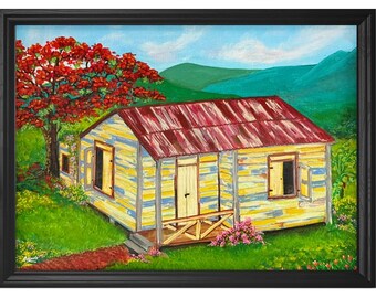 Red Flamboyant Tree Art Print: Puerto Rico Country House Landscape (Not Framed)