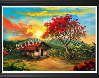 Country house with Red Flamboyant Tree in Bloom, High Res Wall Art Print Painting, Landscape, Puerto Rico (Not Framed)