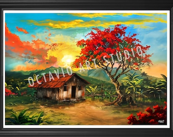 May include: A painting of a rustic wooden cabin with a red roof, surrounded by lush green foliage and a vibrant red flowering tree. The scene is set against a backdrop of rolling hills and a colorful sunset sky.