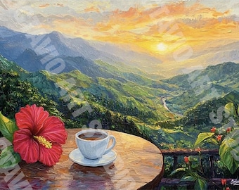 Puerto Rico Sunrise Giclée Print: Coffee & Mountain Landscape Art