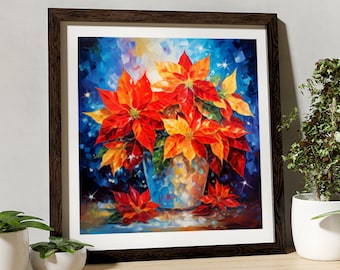 Poinsettias Flowers Giclée Wall Art Pascua Painting Deco Fine Art Print Christmas