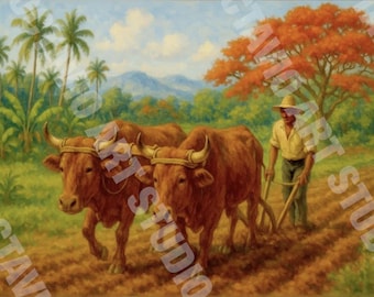 Puerto Rican Countryside Giclée Print: Oxen Plowing, Flamboyán Tree (NOT FRAMED)