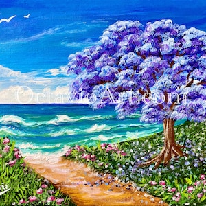 Blue Jacaranda Tree in Bloom, High Res Wall Art Print from my Original Painting, Landscape, Puerto Rico (Not Framed)