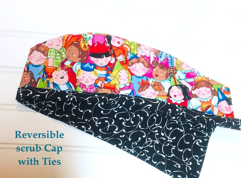 REVERSIBLE surgery scrub hat with ties Fitted Surgical cap scrub hat Bright Colors Scrub Cap smiling faces scrub cap with buttons option