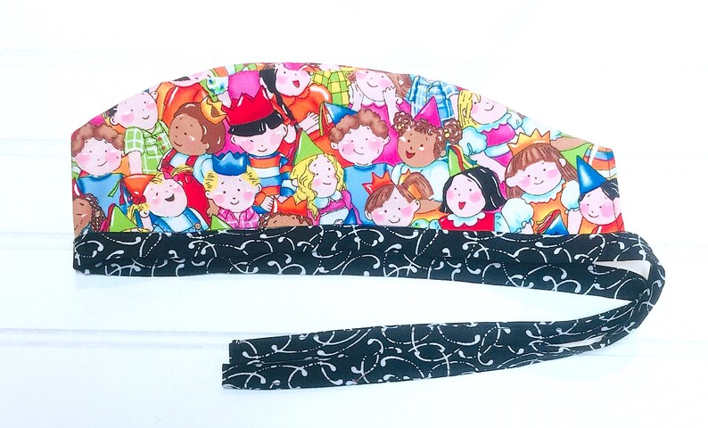 REVERSIBLE surgery scrub hat with ties Fitted Surgical cap scrub hat Bright Colors Scrub Cap smiling faces scrub cap with buttons option