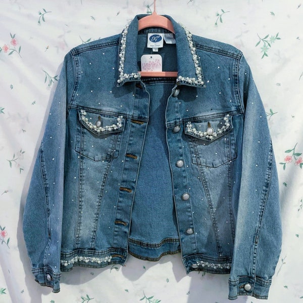 y2k 2000s Pearl and Rhinestone Embellished Denim Jacket