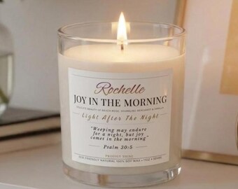 Personalized Beach Rose Prayer Candle, Joy in the Morning Psalm 30:5 Scripture Gift, Christian Decor Gift for Women
