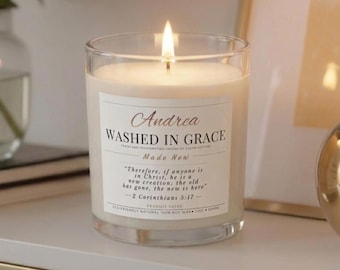 Personalized Clean Cotton Prayer Candle, Washed in Grace, 2 Corinthians 5:17 Scripture Gift, Christian Decor for Women