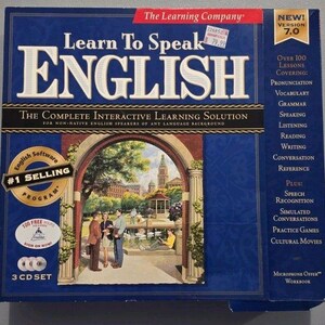 May include: A blue box for Learn To Speak English version 7.0 software by The Learning Company. The cover features an archway illustration of people in a park, text detailing over 100 lessons, and a label indicating it is a 3 CD set.