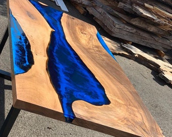 Wallnut Epoxy Resin Deep Ocean/River Table, Live Edge Table