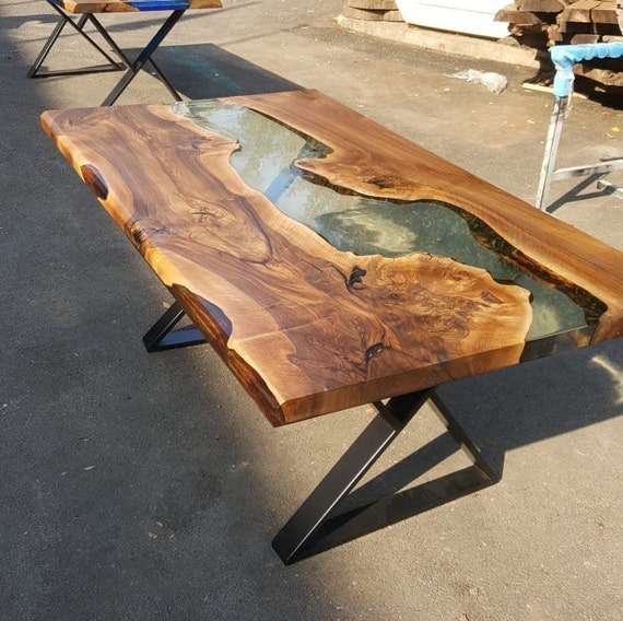 Clear Epoxy Resin River Walnut Wood Table Golden Walnut Custom