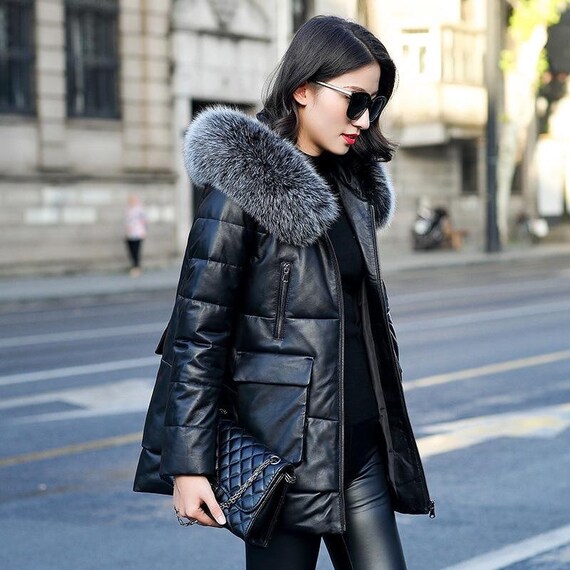 Genuine Leather Jacket Women Fox Fur 