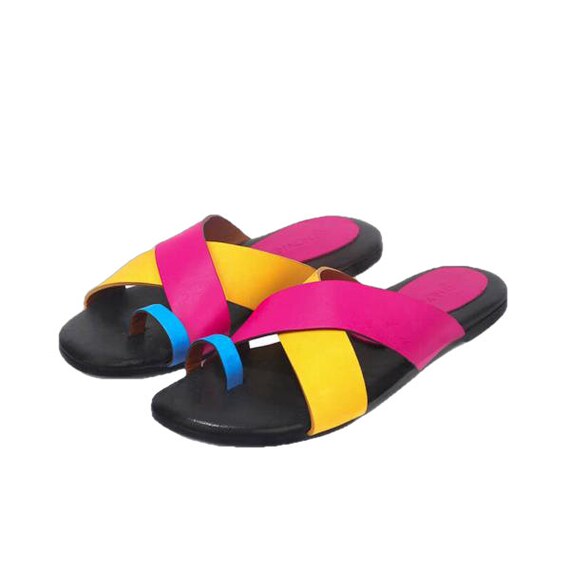Rossana Funky Leather Flat Sandals - Etsy
