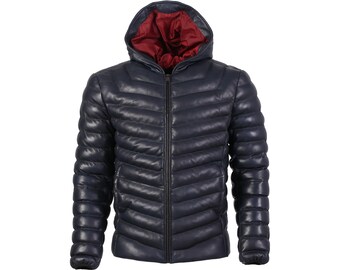 Quora Men's Puffer Down Hooded Leather Jacket Navy Blue