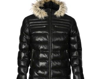 Mens Jeremiah Puffer Leather Jacket with Fur Hoodie (Black)