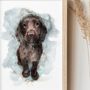May include: Watercolour painting of a brown dog with a blue background. The dog is looking up at the viewer with a curious expression.