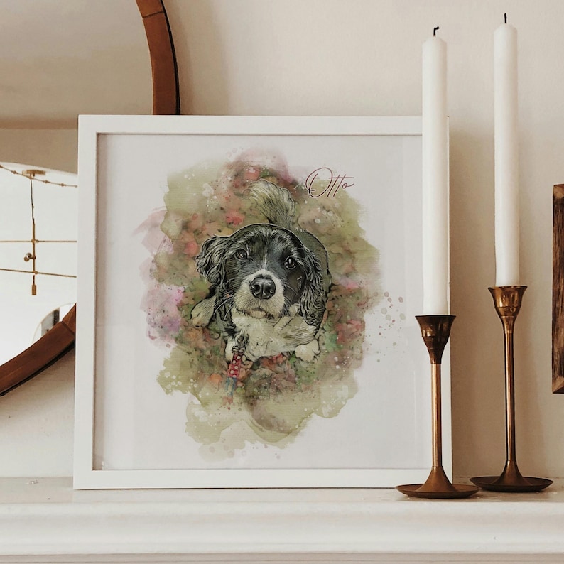 Puede incluir: Una impresi&oacute;n enmarcada en blanco de una pintura de acuarela de un perro blanco y negro con el nombre "Otto" escrito en cursiva sobre el perro.