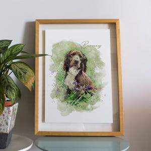 Puede incluir: Una pintura de acuarela enmarcada de un perro marr&oacute;n y blanco llamado "Barney" sentado en un campo de hierba verde y flores moradas. La pintura tiene un efecto acuarela suave y est&aacute; colocada sobre un fondo blanco.